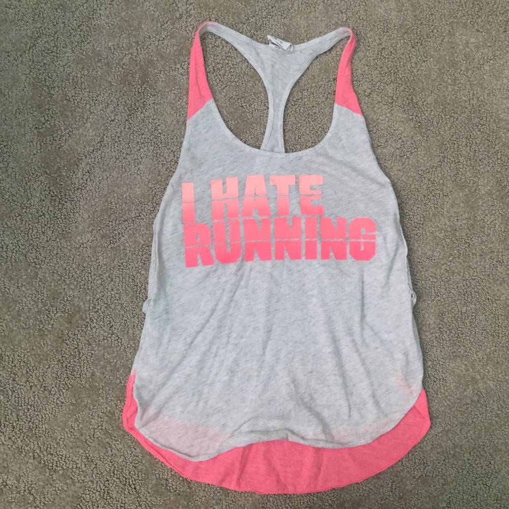 VS Pink Grey, Pink Razorback I Hate Running Workout Tank Size XS Light Flowy